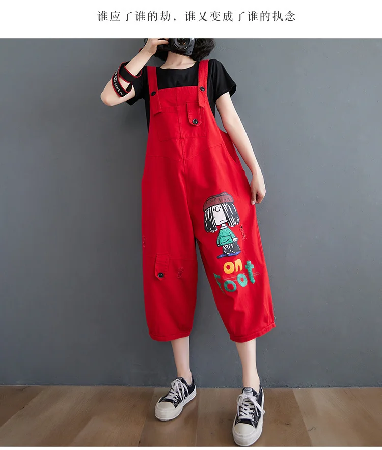 #1431 Black Red Cartoon Printed Denim Jumpsuits Women Casual Vintage Wide Leg Jumpsuits Ladies Loose Overalls For Women Summer