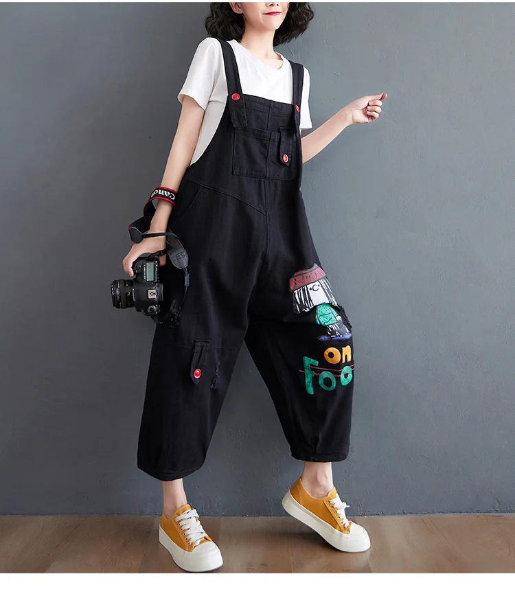 #1431 Black Red Cartoon Printed Denim Jumpsuits Women Casual Vintage Wide Leg Jumpsuits Ladies Loose Overalls For Women Summer