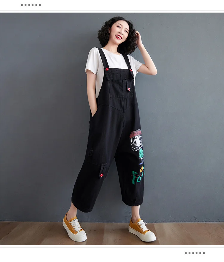 #1431 Black Red Cartoon Printed Denim Jumpsuits Women Casual Vintage Wide Leg Jumpsuits Ladies Loose Overalls For Women Summer