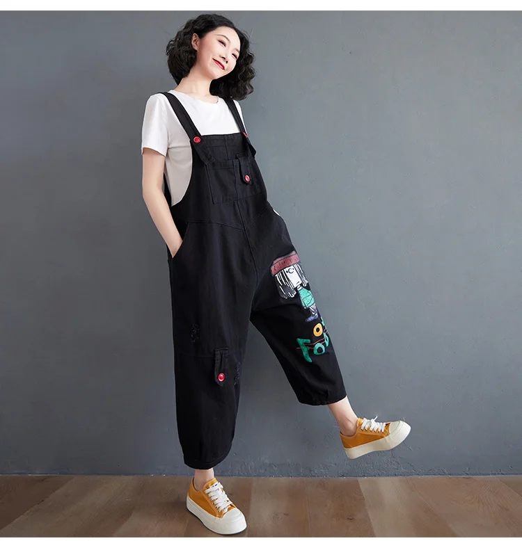 #1431 Black Red Cartoon Printed Denim Jumpsuits Women Casual Vintage Wide Leg Jumpsuits Ladies Loose Overalls For Women Summer