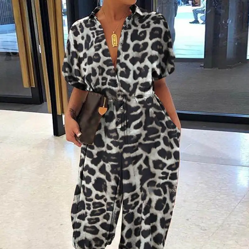 Women's New Jumpsuit Long Fashionable Leopard Print Jumpsuit Women's Retro Short Sleeved Button Casual Loose Pants Jumpsuit