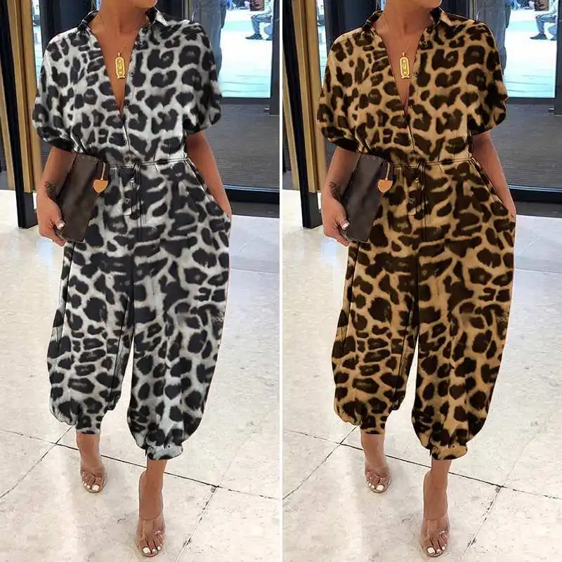 Women's New Jumpsuit Long Fashionable Leopard Print Jumpsuit Women's Retro Short Sleeved Button Casual Loose Pants Jumpsuit