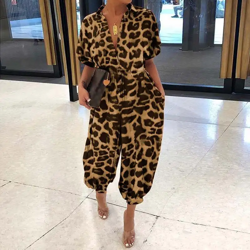 Women's New Jumpsuit Long Fashionable Leopard Print Jumpsuit Women's Retro Short Sleeved Button Casual Loose Pants Jumpsuit