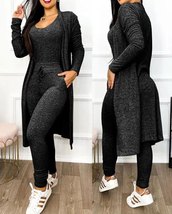 Jumpsuit Women Fashion 2023 Autumn Two Piece U-Neck Sleeveless Drawstring Pocket Design Jumpsuit Suit Set & Long Sleeve Coat Set