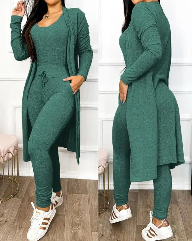 Jumpsuit Women Fashion 2023 Autumn Two Piece U-Neck Sleeveless Drawstring Pocket Design Jumpsuit Suit Set & Long Sleeve Coat Set