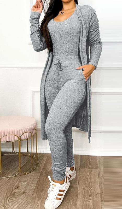 Jumpsuit Women Fashion 2023 Autumn Two Piece U-Neck Sleeveless Drawstring Pocket Design Jumpsuit Suit Set & Long Sleeve Coat Set