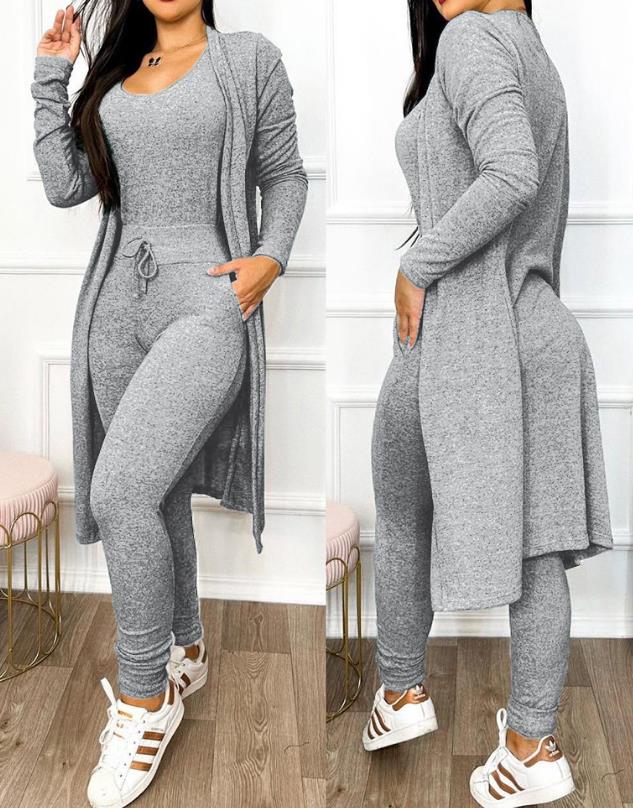 Jumpsuit Women Fashion 2023 Autumn Two Piece U-Neck Sleeveless Drawstring Pocket Design Jumpsuit Suit Set & Long Sleeve Coat Set