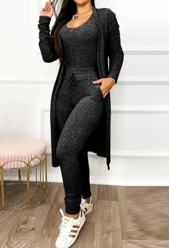 Jumpsuit Women Fashion 2023 Autumn Two Piece U-Neck Sleeveless Drawstring Pocket Design Jumpsuit Suit Set & Long Sleeve Coat Set