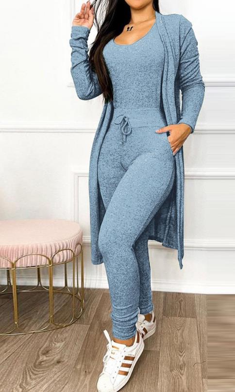 Jumpsuit Women Fashion 2023 Autumn Two Piece U-Neck Sleeveless Drawstring Pocket Design Jumpsuit Suit Set & Long Sleeve Coat Set