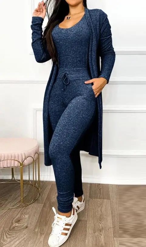 Jumpsuit Women Fashion 2023 Autumn Two Piece U-Neck Sleeveless Drawstring Pocket Design Jumpsuit Suit Set & Long Sleeve Coat Set