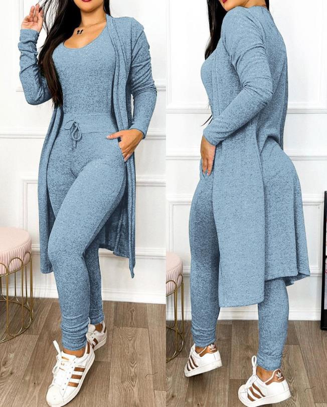 Jumpsuit Women Fashion 2023 Autumn Two Piece U-Neck Sleeveless Drawstring Pocket Design Jumpsuit Suit Set & Long Sleeve Coat Set