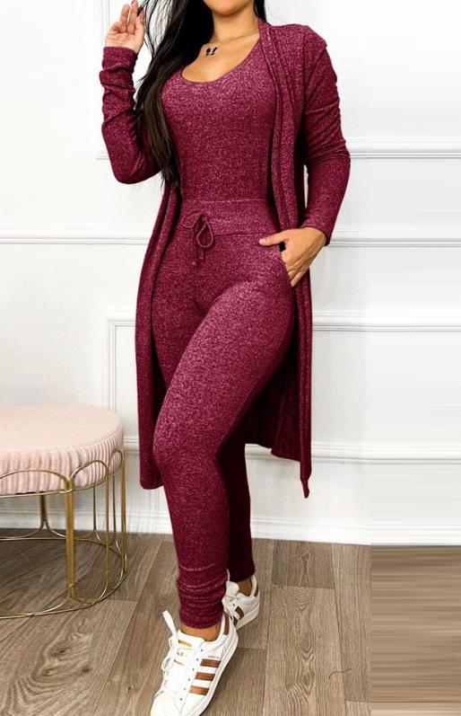 Jumpsuit Women Fashion 2023 Autumn Two Piece U-Neck Sleeveless Drawstring Pocket Design Jumpsuit Suit Set & Long Sleeve Coat Set