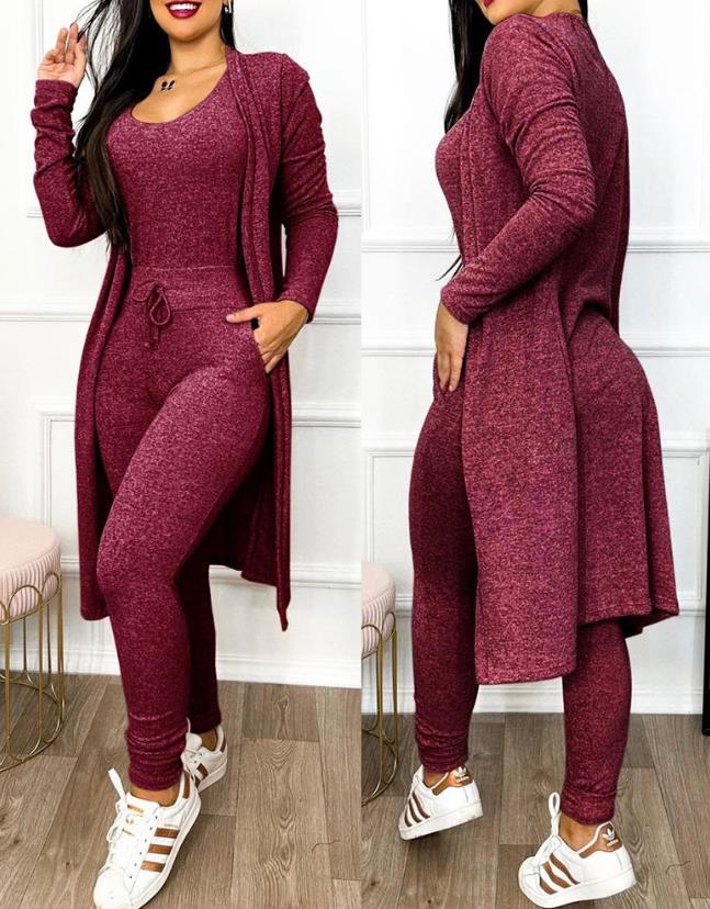 Jumpsuit Women Fashion 2023 Autumn Two Piece U-Neck Sleeveless Drawstring Pocket Design Jumpsuit Suit Set & Long Sleeve Coat Set