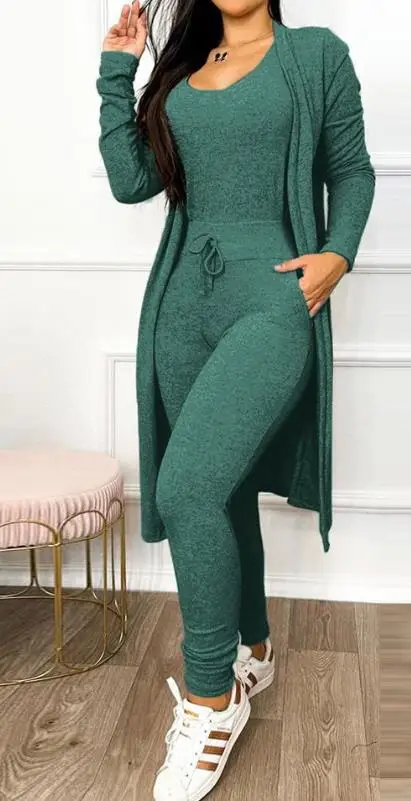 Jumpsuit Women Fashion 2023 Autumn Two Piece U-Neck Sleeveless Drawstring Pocket Design Jumpsuit Suit Set & Long Sleeve Coat Set