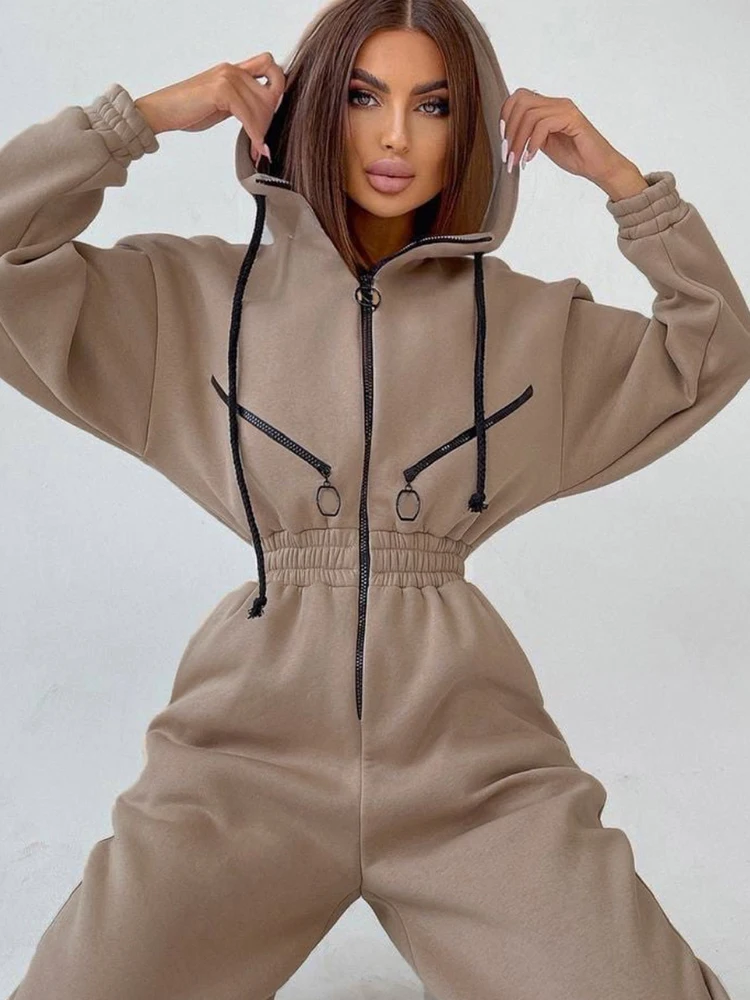 Autumn Women's Monochrome Long-Sleeved Jumpsuit Solid Color Zip-up Sportswear Female Winter Casual Tracksuit Fashionable Hoodies