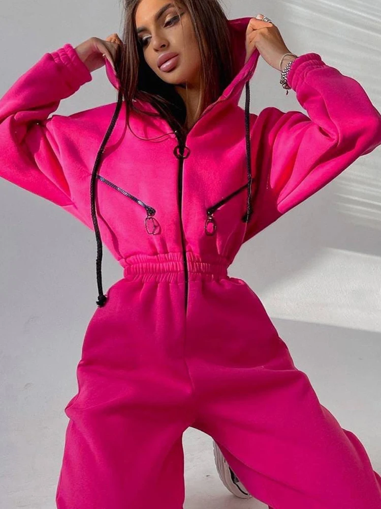 Autumn Women's Monochrome Long-Sleeved Jumpsuit Solid Color Zip-up Sportswear Female Winter Casual Tracksuit Fashionable Hoodies