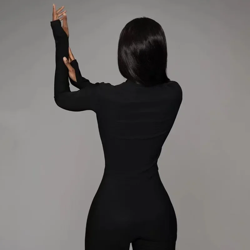 2024 Solid Bodycon Jumpsuit Women Sporty Rompers Summer New Fitness Long Sleeve Zipper Elastic One Piece Elegant Black Bodysuit