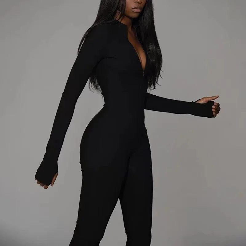 2024 Solid Bodycon Jumpsuit Women Sporty Rompers Summer New Fitness Long Sleeve Zipper Elastic One Piece Elegant Black Bodysuit