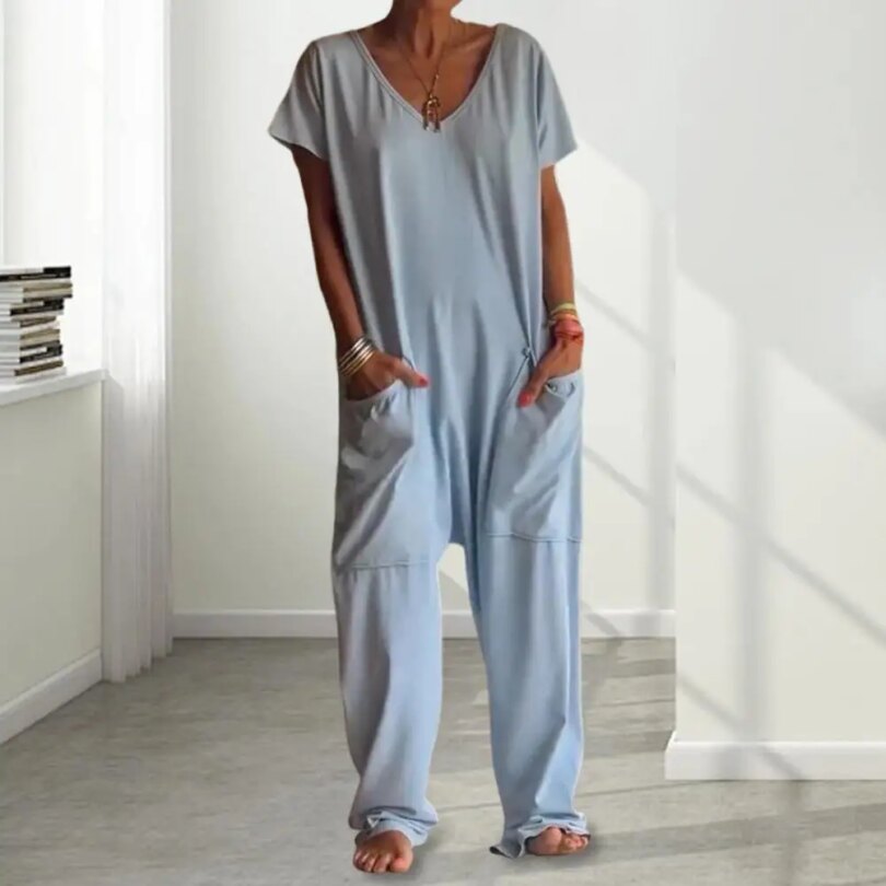 Women Loose Jumpsuit Versatile Women's V-neck Jumpsuit Stylish Crotch Design Loose Fit with Big Pockets for Casual Daily Wear - Image 2