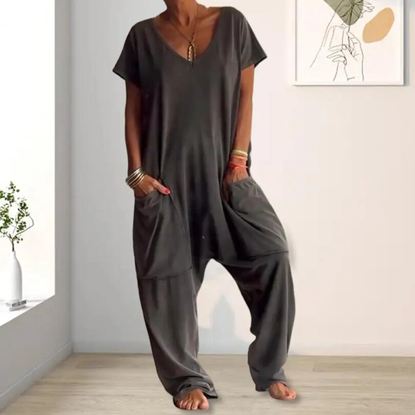 Women Loose Jumpsuit Versatile Women's V-neck Jumpsuit Stylish Crotch Design Loose Fit with Big Pockets for Casual Daily Wear - Image 3