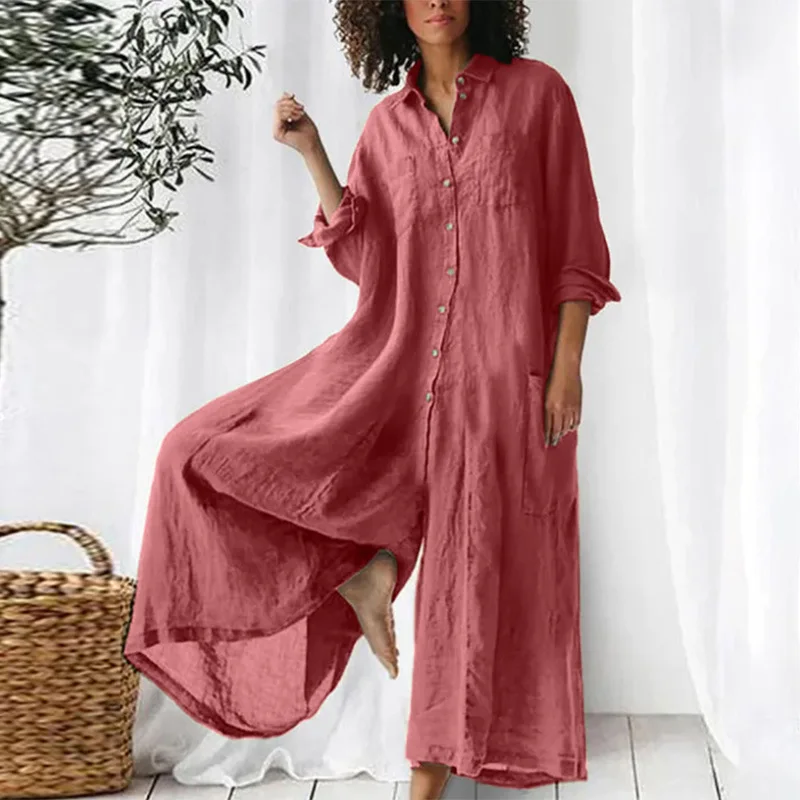 Harajuku Retro Shirt Jumpsuit New Spring Lapel Button Women Rompers Summer Wide Leg Pants Big Pocket Overalls