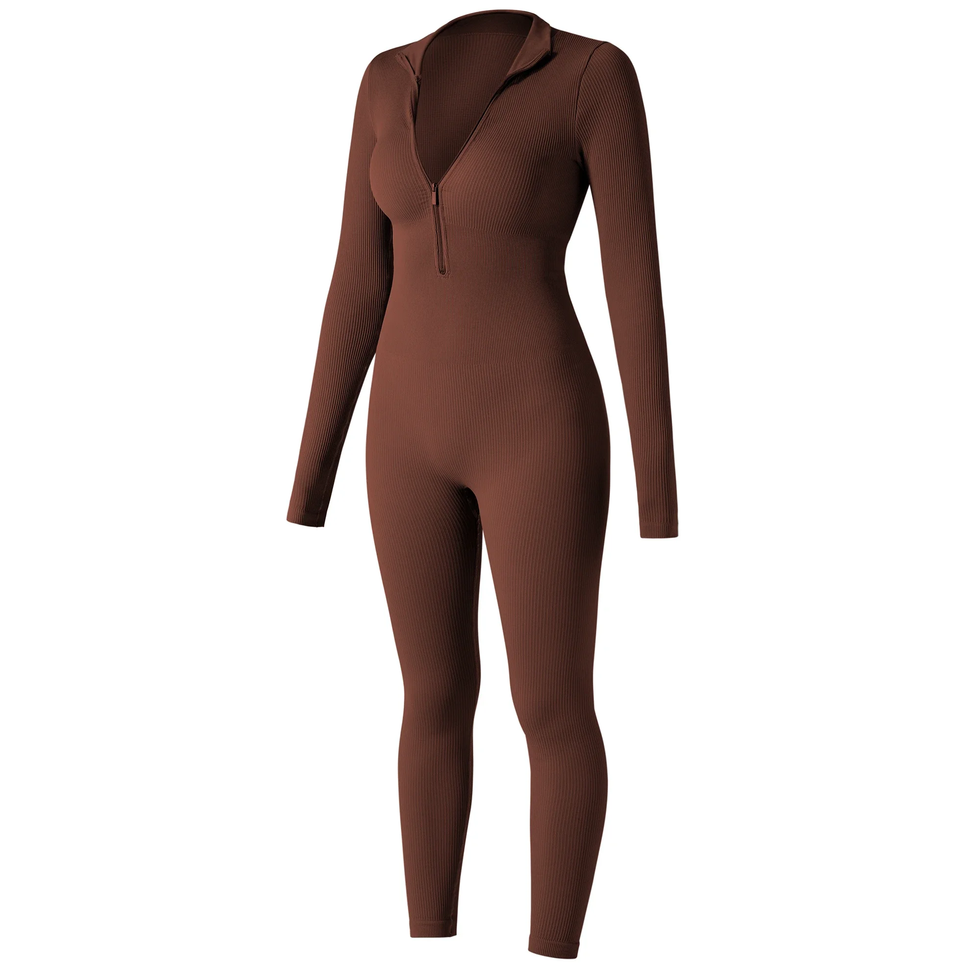 2024 Autumn Bodycon Slim Jumpsuit For Women‘s Clothing Zipper Casual Brown Fitness Rompers Playsuit Activity Streetwear Overall