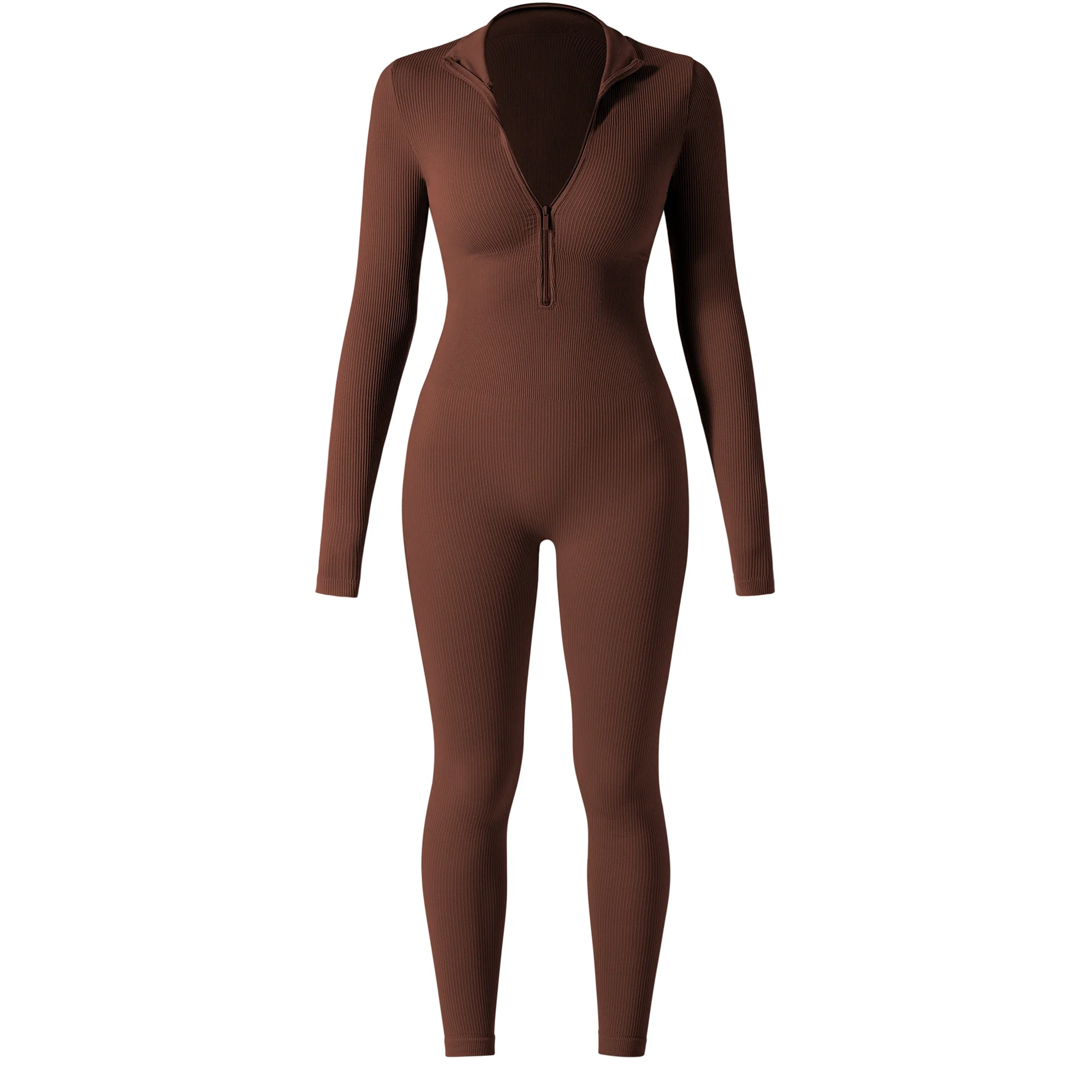 2024 Autumn Bodycon Slim Jumpsuit For Women‘s Clothing Zipper Casual Brown Fitness Rompers Playsuit Activity Streetwear Overall