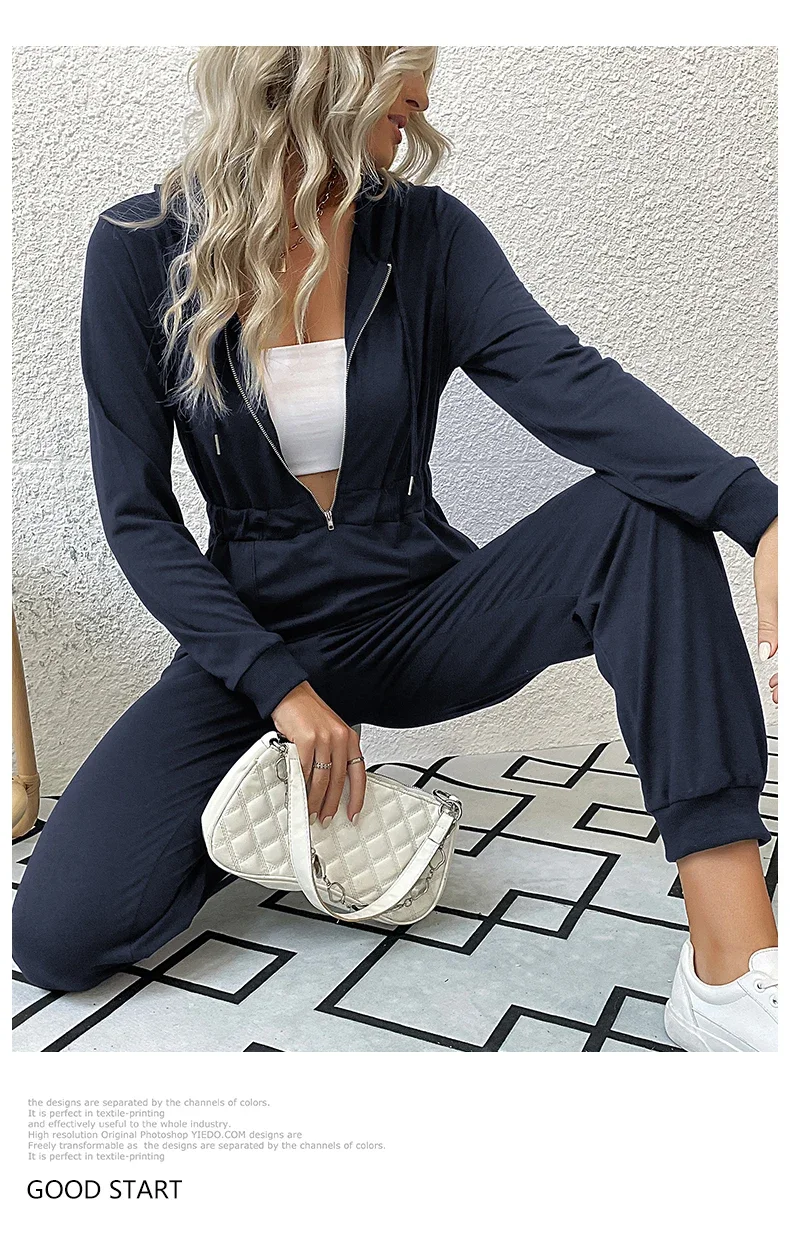 2024 Autumn Fashion Hooded Overalls Rompers Tracksuits Zipper Hoodie Casual Sportwear Spring New Pants Pockets Jumpsuit Elegant