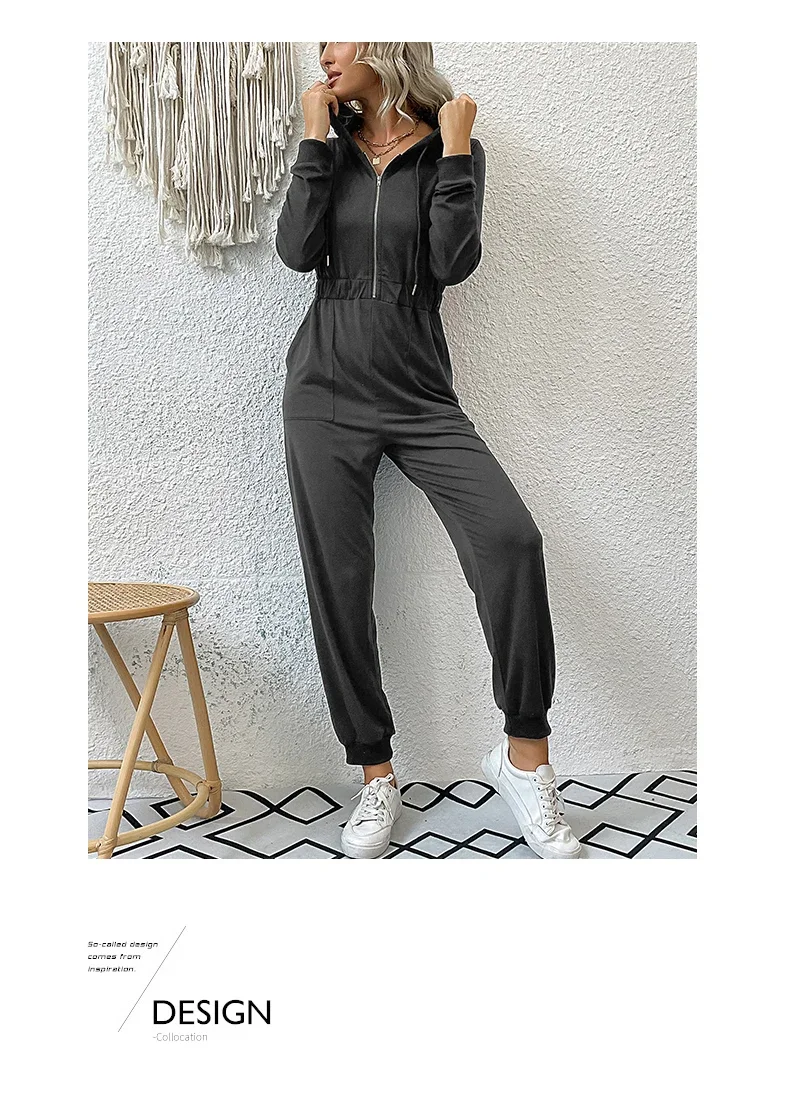 2024 Autumn Fashion Hooded Overalls Rompers Tracksuits Zipper Hoodie Casual Sportwear Spring New Pants Pockets Jumpsuit Elegant