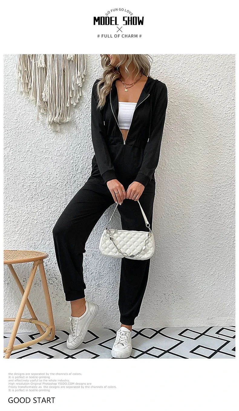 2024 Autumn Fashion Hooded Overalls Rompers Tracksuits Zipper Hoodie Casual Sportwear Spring New Pants Pockets Jumpsuit Elegant