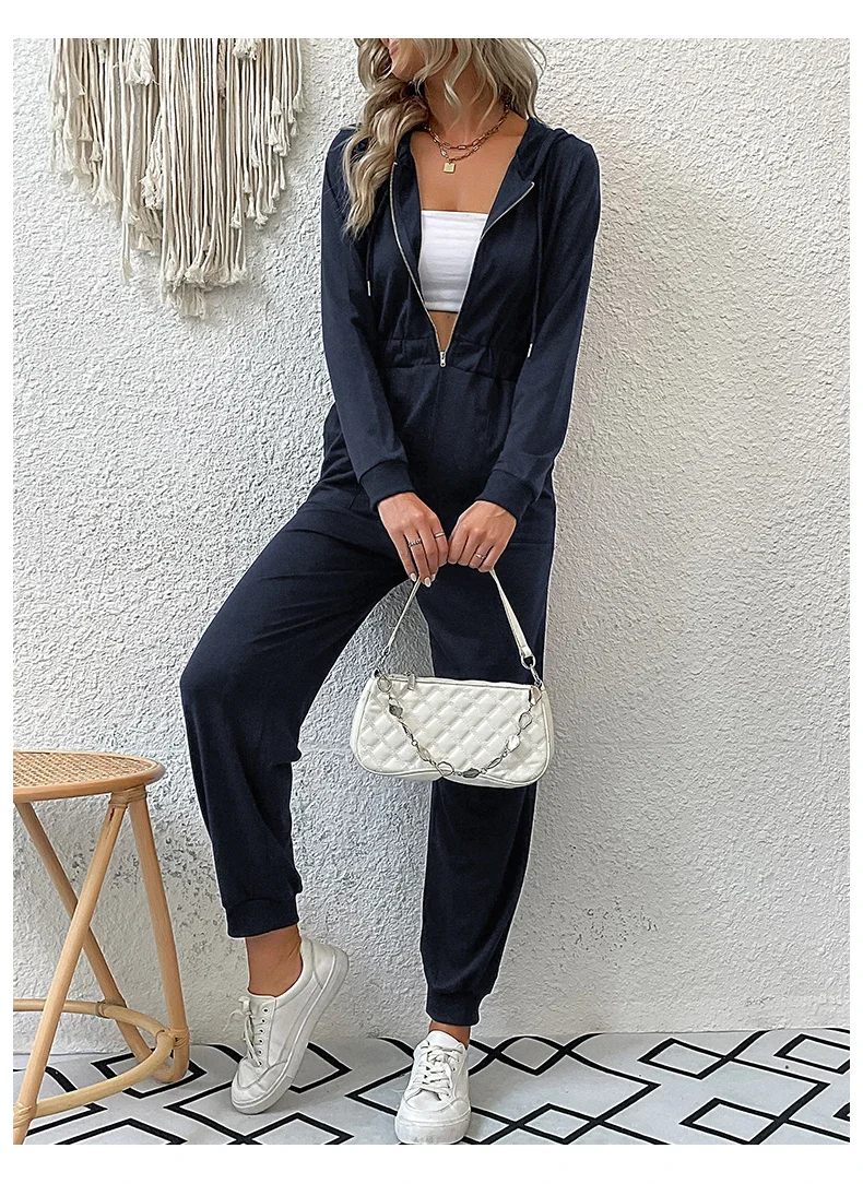 2024 Autumn Fashion Hooded Overalls Rompers Tracksuits Zipper Hoodie Casual Sportwear Spring New Pants Pockets Jumpsuit Elegant