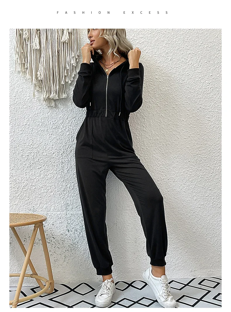 2024 Autumn Fashion Hooded Overalls Rompers Tracksuits Zipper Hoodie Casual Sportwear Spring New Pants Pockets Jumpsuit Elegant