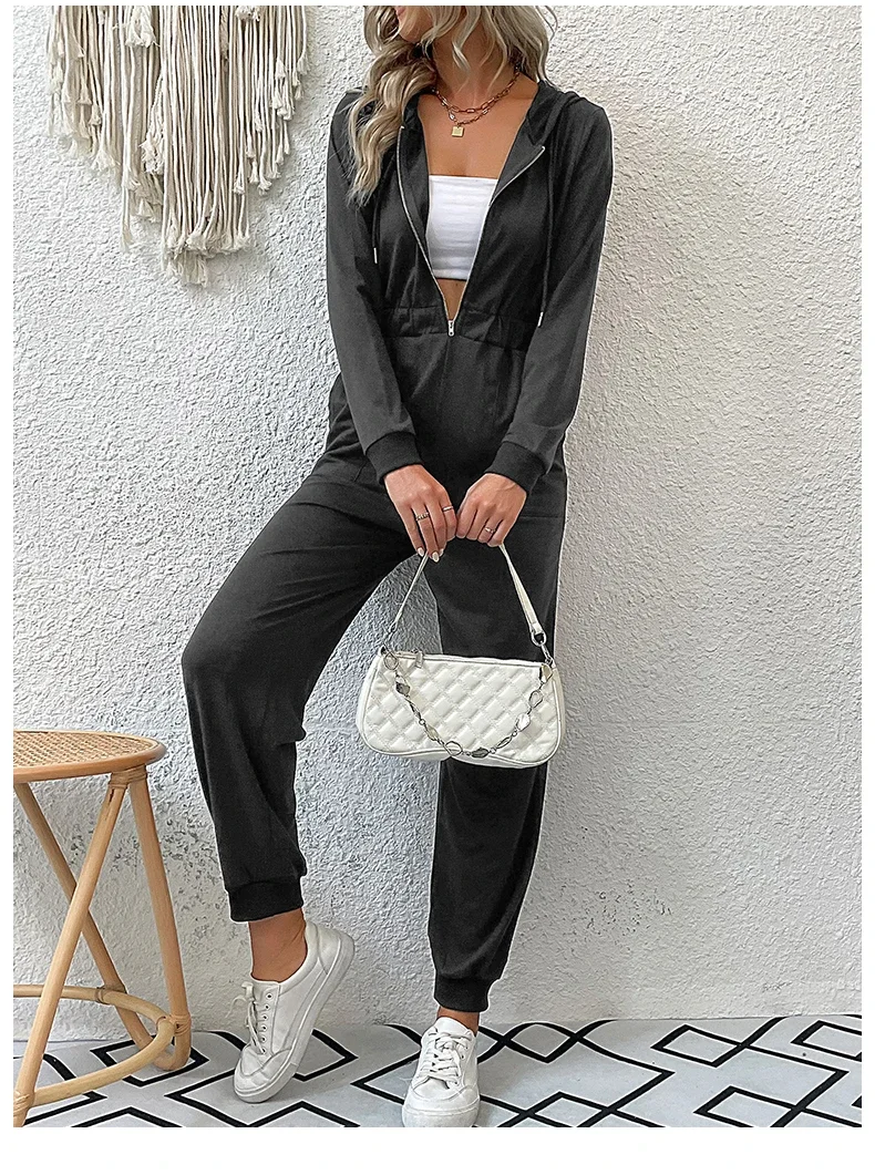 2024 Autumn Fashion Hooded Overalls Rompers Tracksuits Zipper Hoodie Casual Sportwear Spring New Pants Pockets Jumpsuit Elegant