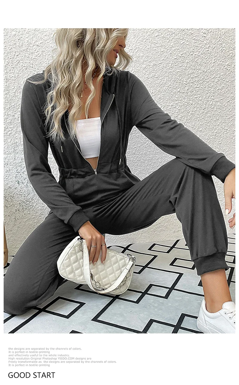 2024 Autumn Fashion Hooded Overalls Rompers Tracksuits Zipper Hoodie Casual Sportwear Spring New Pants Pockets Jumpsuit Elegant