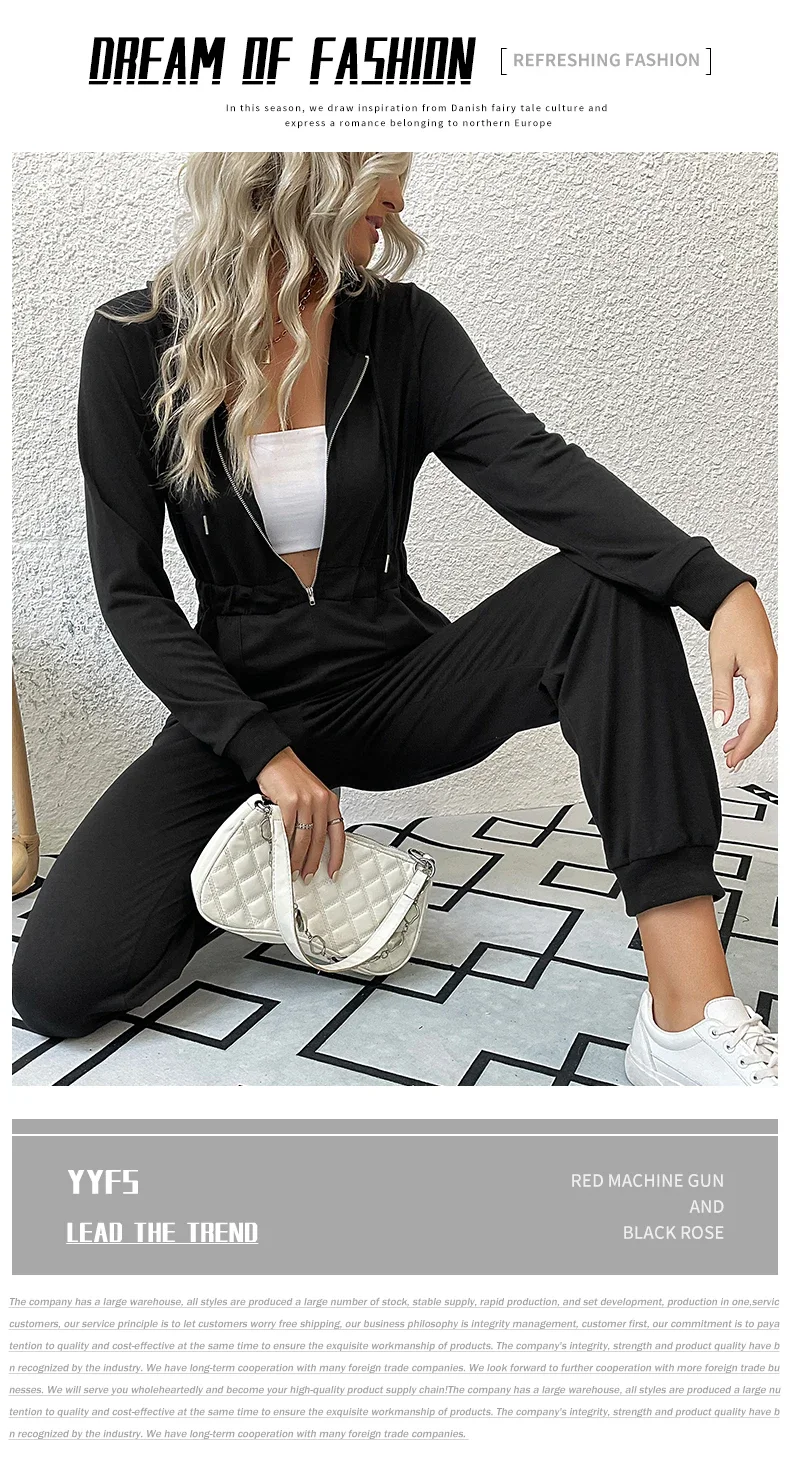 2024 Autumn Fashion Hooded Overalls Rompers Tracksuits Zipper Hoodie Casual Sportwear Spring New Pants Pockets Jumpsuit Elegant