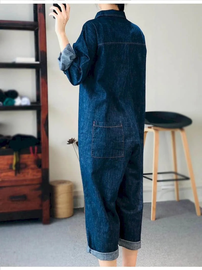 Oversized Denim Jumpsuit Suit Women Blue Denim Long Sleeve Playsuits High Waist New Fashion Tops Casual One Piece Outfit Women