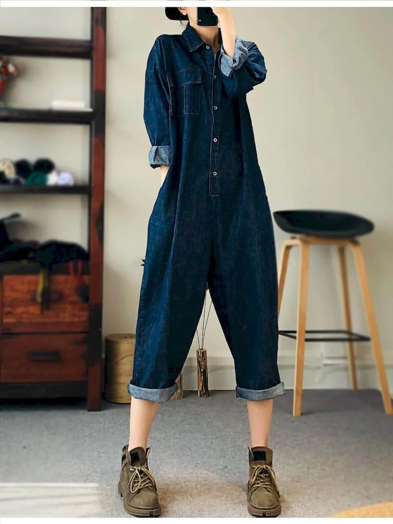 Oversized Denim Jumpsuit Suit Women Blue Denim Long Sleeve Playsuits High Waist New Fashion Tops Casual One Piece Outfit Women