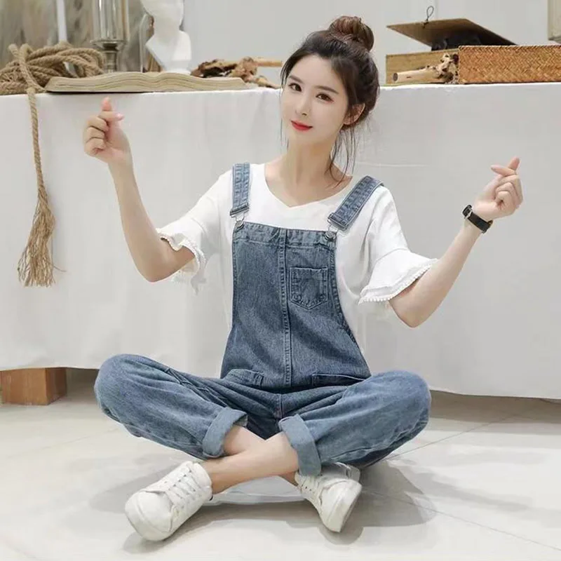 Biyaby Washed Denim Jumpsuit Women Casual High Waist Blue Wide Leg Pants Female 2024 Spring Korean Loose Pockets Jean Overalls