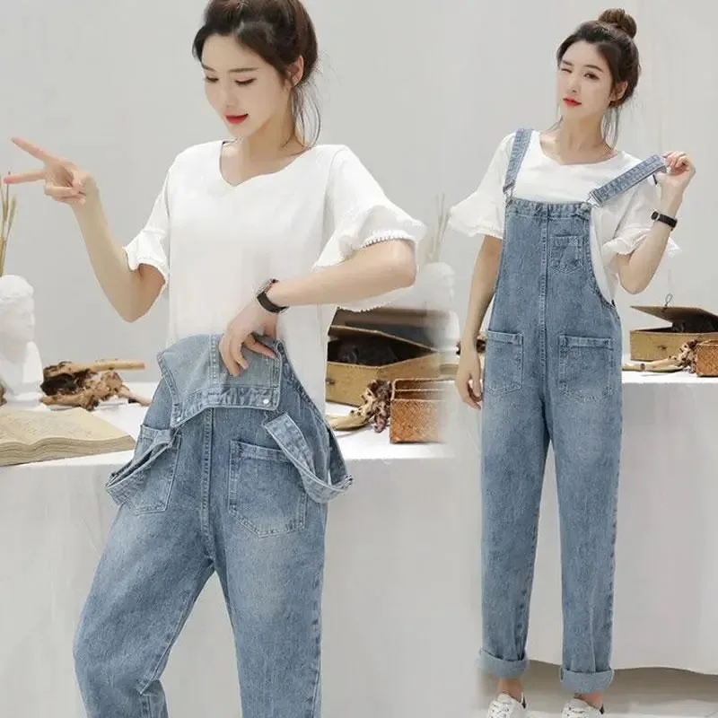 Biyaby Washed Denim Jumpsuit Women Casual High Waist Blue Wide Leg Pants Female 2024 Spring Korean Loose Pockets Jean Overalls