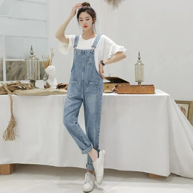 Biyaby Washed Denim Jumpsuit Women Casual High Waist Blue Wide Leg Pants Female 2024 Spring Korean Loose Pockets Jean Overalls