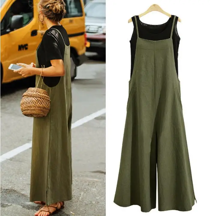 Women Straps Jumpsuit Summer Solid Color Wide Leg Pants Dungaree Bib Overalls Casual Loose Sleeveless Cotton Linen Jumpsuits 5Xl