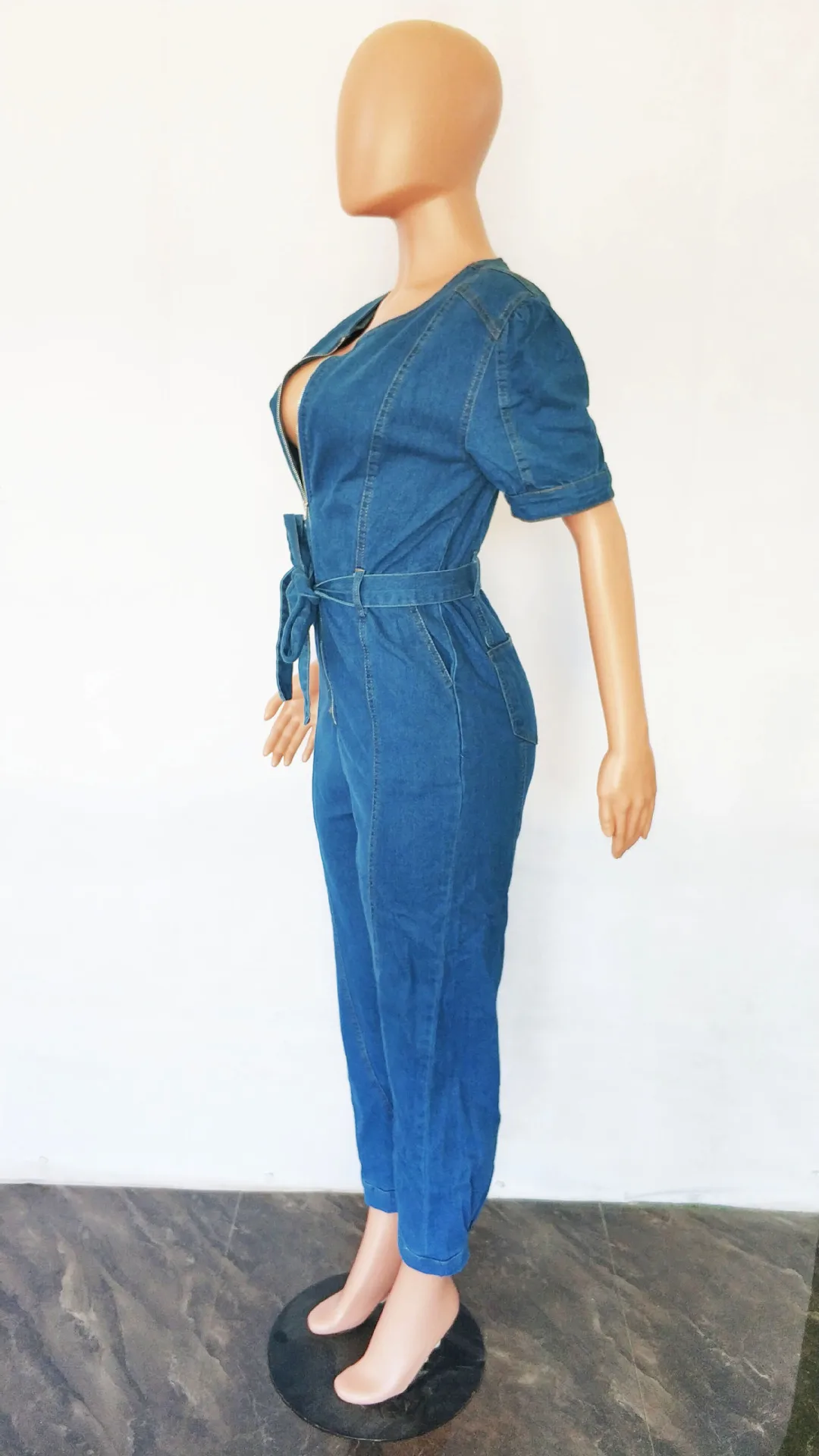 Women One Piece Round Neck Tight High Waist Lace Up Bow Overalls Slim Fit Denim Jumpsuits Sheath Long Pants Rompers 2023