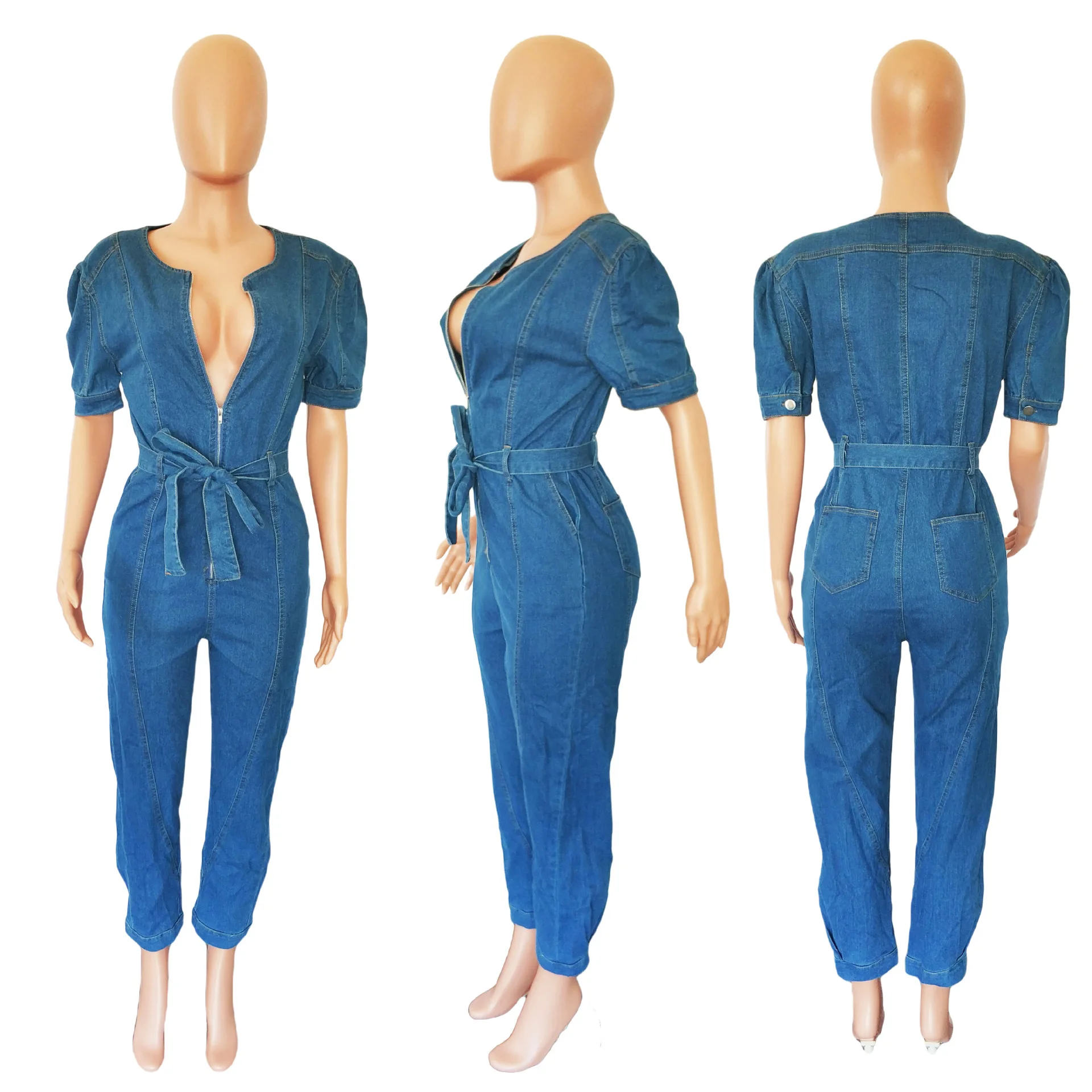 Women One Piece Round Neck Tight High Waist Lace Up Bow Overalls Slim Fit Denim Jumpsuits Sheath Long Pants Rompers 2023