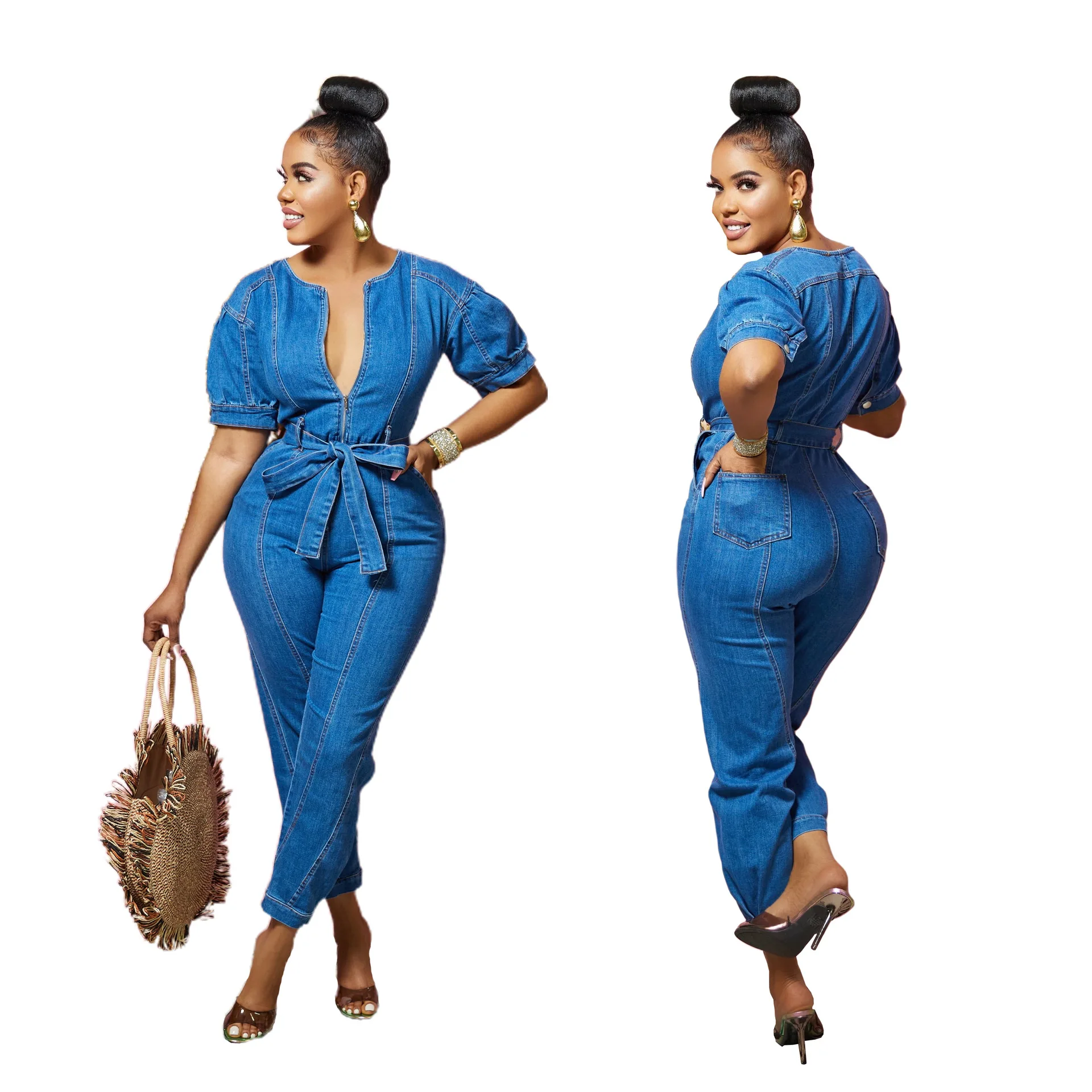 Women One Piece Round Neck Tight High Waist Lace Up Bow Overalls Slim Fit Denim Jumpsuits Sheath Long Pants Rompers 2023