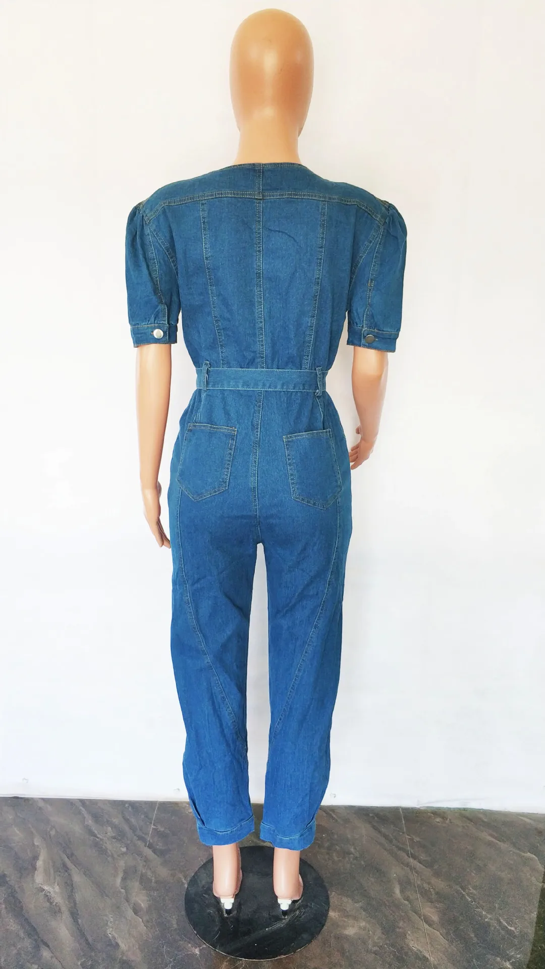 Women One Piece Round Neck Tight High Waist Lace Up Bow Overalls Slim Fit Denim Jumpsuits Sheath Long Pants Rompers 2023