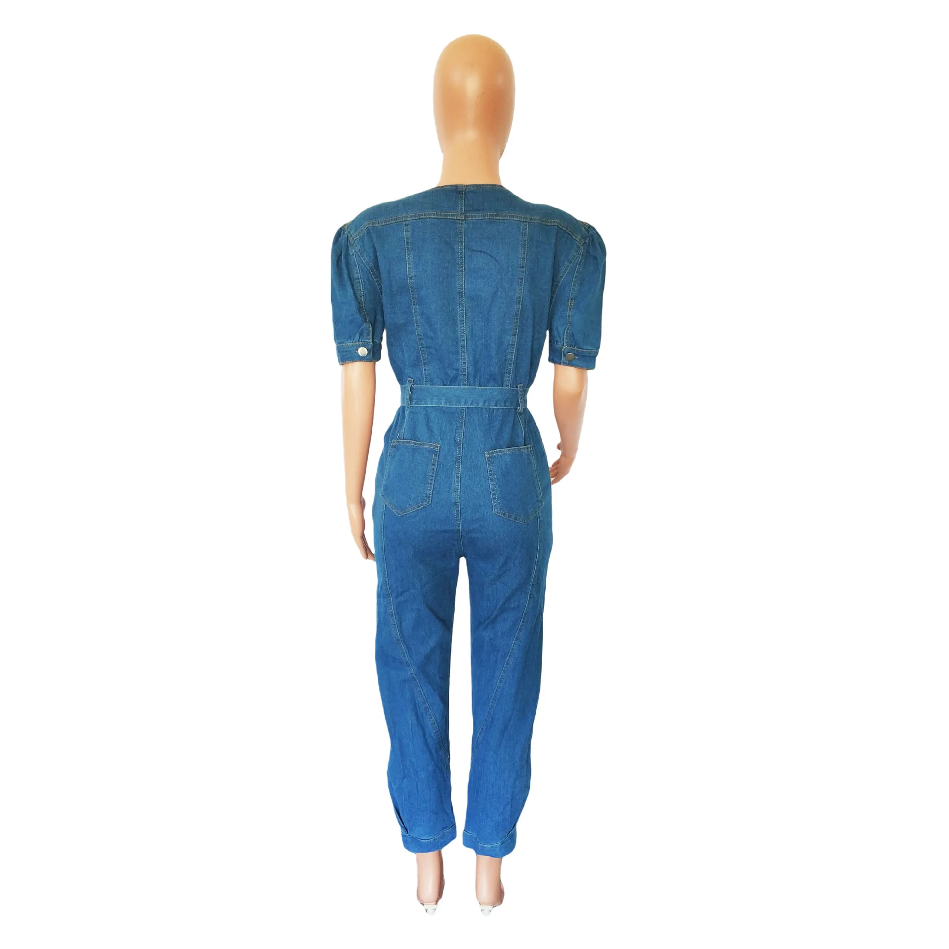 Women One Piece Round Neck Tight High Waist Lace Up Bow Overalls Slim Fit Denim Jumpsuits Sheath Long Pants Rompers 2023