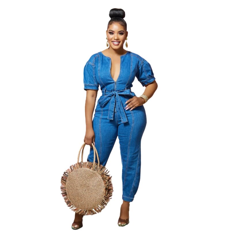 Women One Piece Round Neck Tight High Waist Lace Up Bow Overalls Slim Fit Denim Jumpsuits Sheath Long Pants Rompers 2023 - Image 3