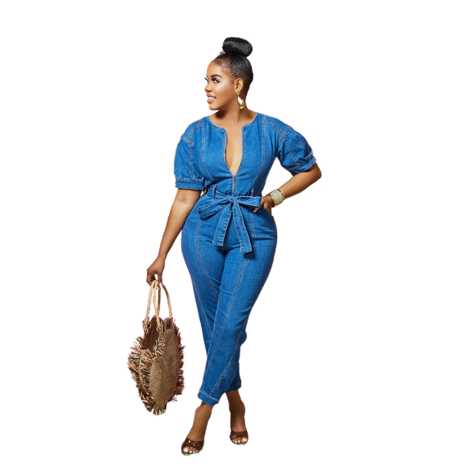 Women One Piece Round Neck Tight High Waist Lace Up Bow Overalls Slim Fit Denim Jumpsuits Sheath Long Pants Rompers 2023