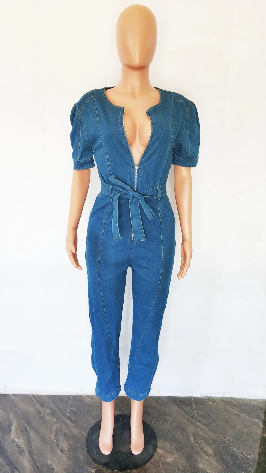 Women One Piece Round Neck Tight High Waist Lace Up Bow Overalls Slim Fit Denim Jumpsuits Sheath Long Pants Rompers 2023