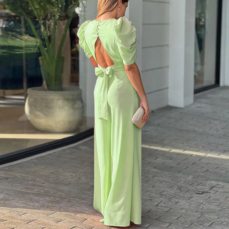 Jumpsuit Women's Short Sleeve Puff Sleeve Deep V Neck High Waist Wide Leg Solid Color Pocket Elegant Office Jumpsuit for Female